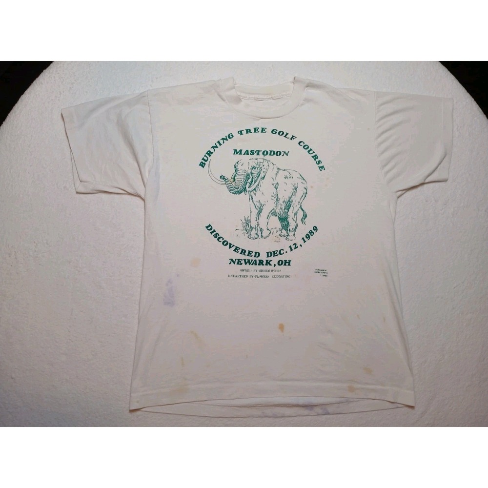 Vintage 1989 Burning Tree Golf Course Mastodon Shirt Newark Ohio Large Cream 80s